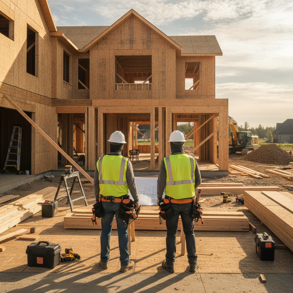 Create a realistic, professional service-business photograph showing Residential Construction Services from behind, with the backs of their heads visible. Do not show any faces, facial features, front-facing views or side views, profiles, o