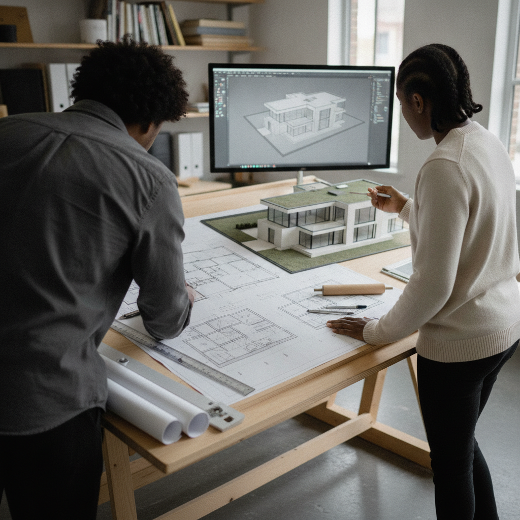 Create a realistic, professional service-business photograph showing Architectural Design Service from behind, with the backs of their heads visible. Do not show any faces, facial features, front-facing views or side views, profiles, or ide