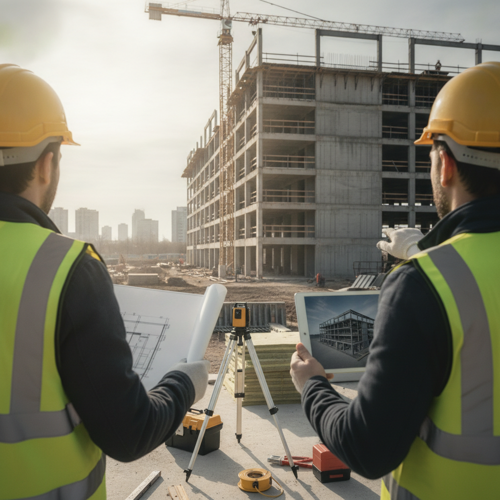 Create a realistic, professional service-business photograph showing Architectural Consultation from behind, with the backs of their heads visible. Do not show any faces, facial features, front-facing views or side views, profiles, or ident