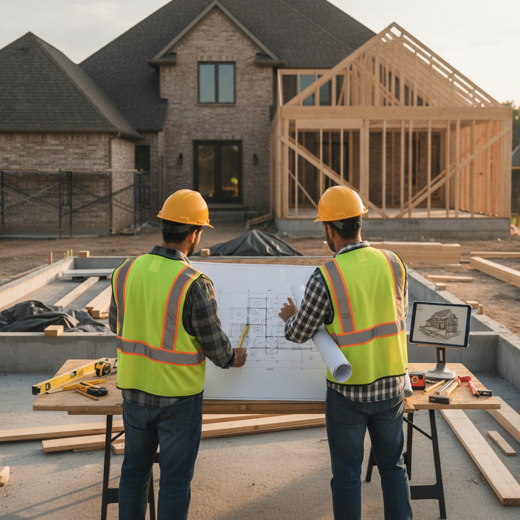 Create a realistic, professional service-business photograph showing Home Addition Design from behind, with the backs of their heads visible. Do not show any faces, facial features, front-facing views or side views, profiles, or identifiabl