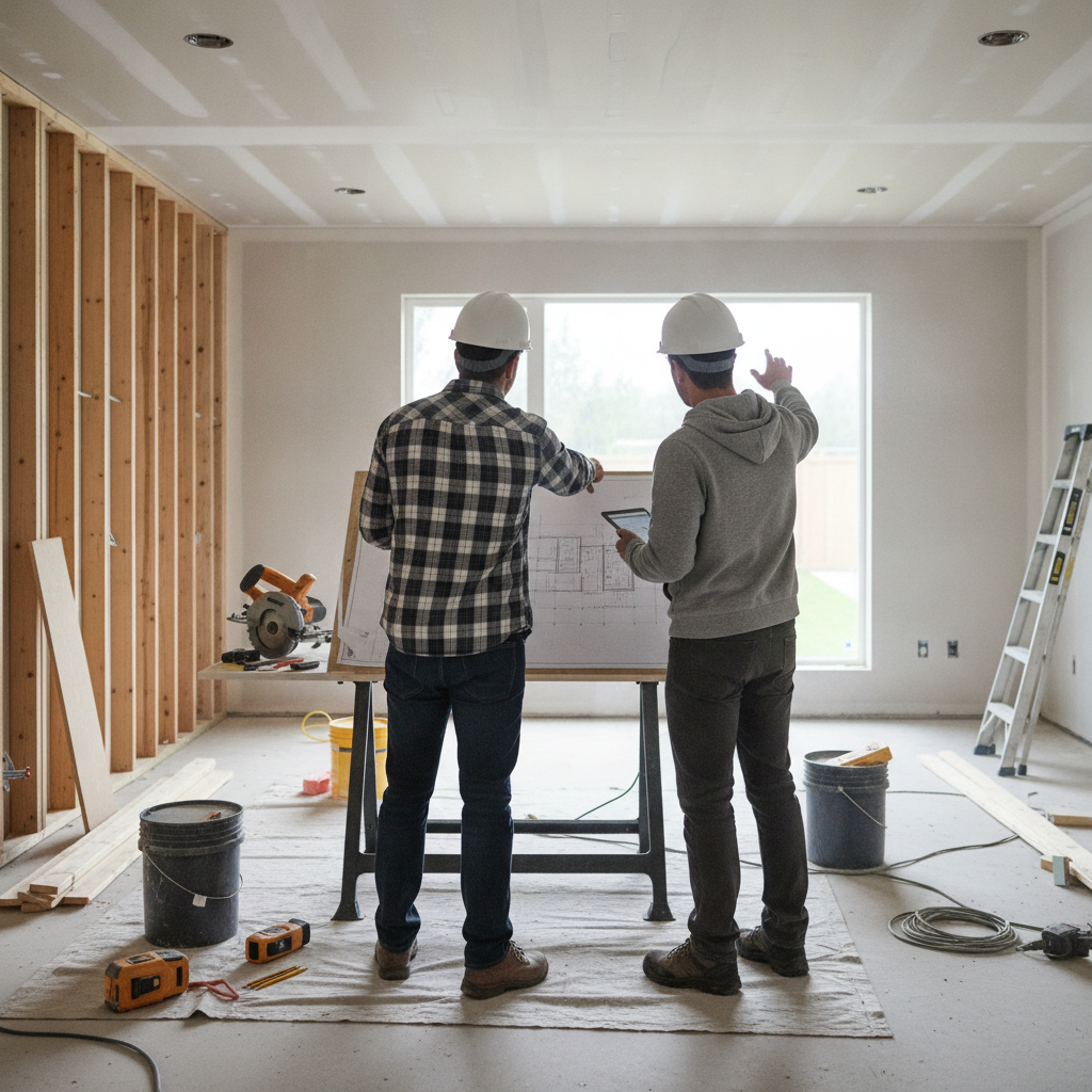 Create a realistic, professional service-business photograph showing Home Renovation Design from behind, with the backs of their heads visible. Do not show any faces, facial features, front-facing views or side views, profiles, or identifia