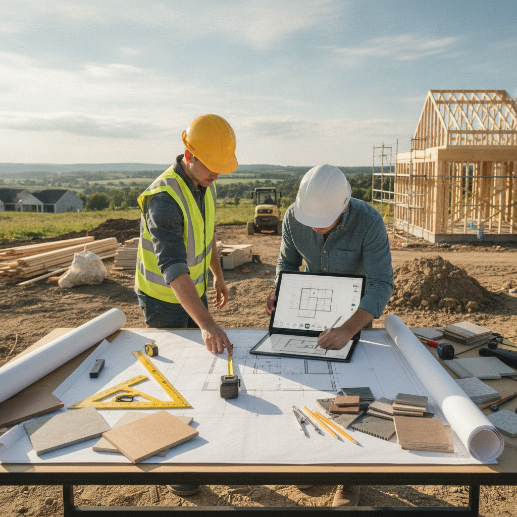 Create a realistic, professional service-business photograph showing Custom Home Design from behind, with the backs of their heads visible. Do not show any faces, facial features, front-facing views or side views, profiles, or identifiable 