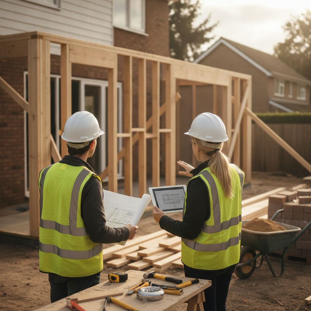 Create a realistic, professional service-business photograph showing Home Addition Design from behind, with the backs of their heads visible. Do not show any faces, facial features, front-facing views or side views, profiles, or identifiabl