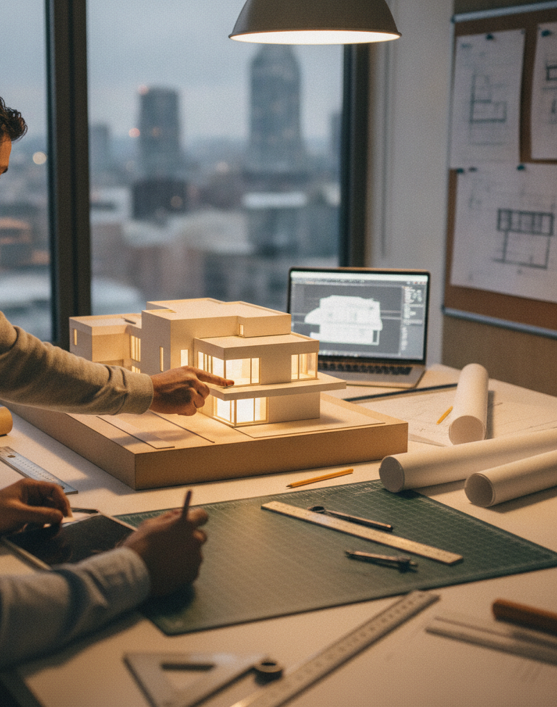 Create a realistic, professional service-business photograph showing Architectural Design Service from behind, with the backs of their heads visible. Do not show any faces, facial features, front-facing views or side views, profiles, or ide